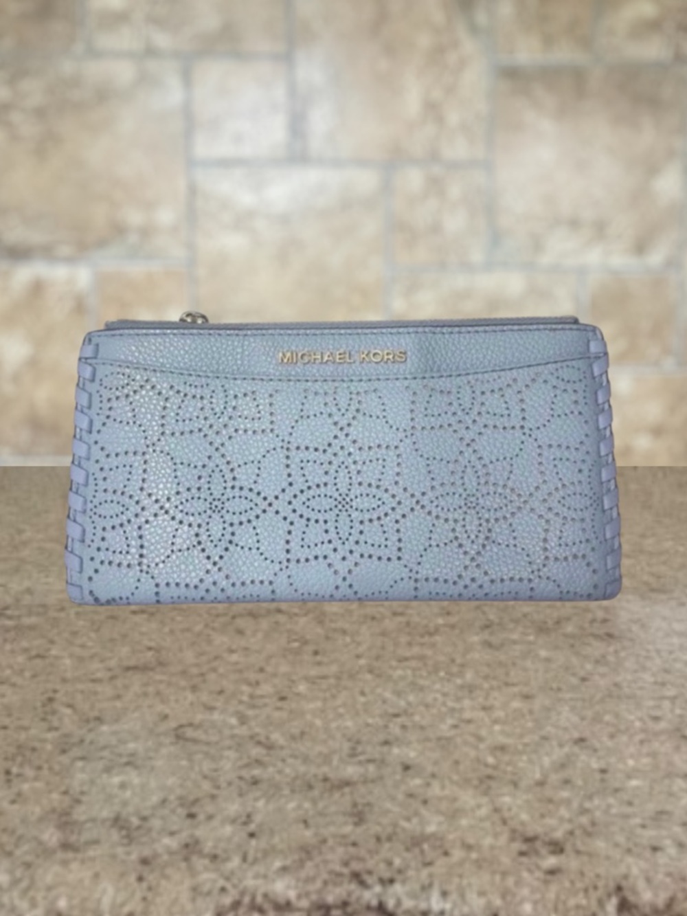 Michael Kors Karson Laser Cut Slim Card Case Wallet Pale Blue